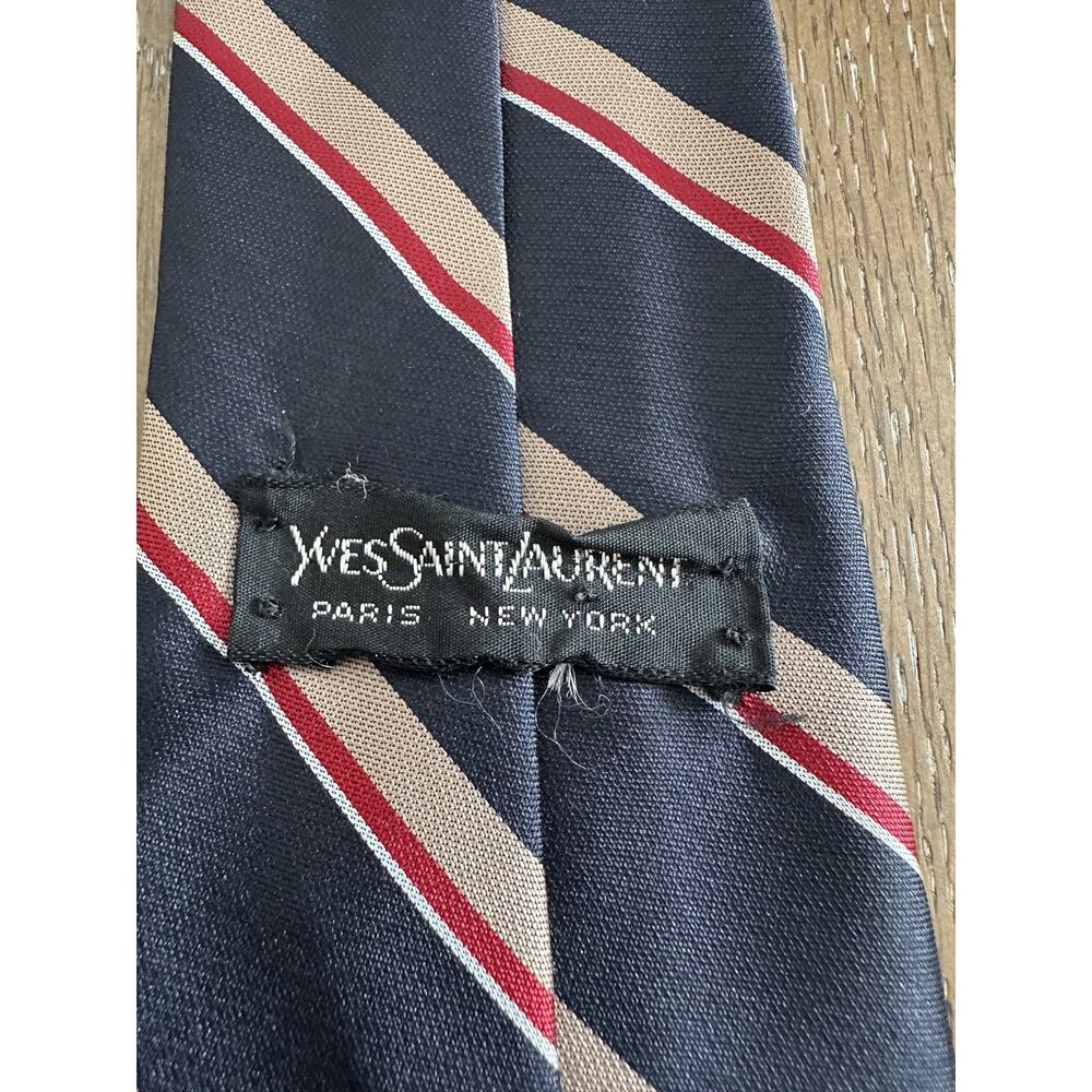 VTG YSL Yves Saint Laurent Necktie Navy Red Stripes GORGEOUS! - Picture 4 of 7